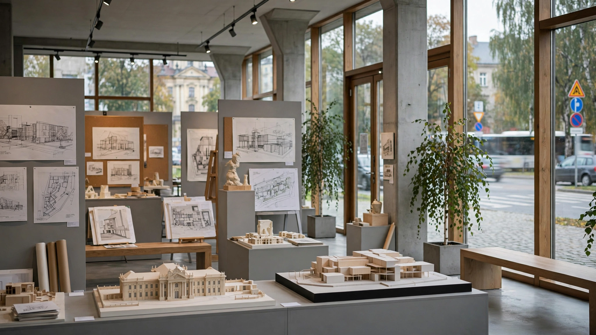 Wnętrze Wydziału Architektury Politechniki Białostockiej z pracami prezentowanymi na targach sztuki Art Białystok