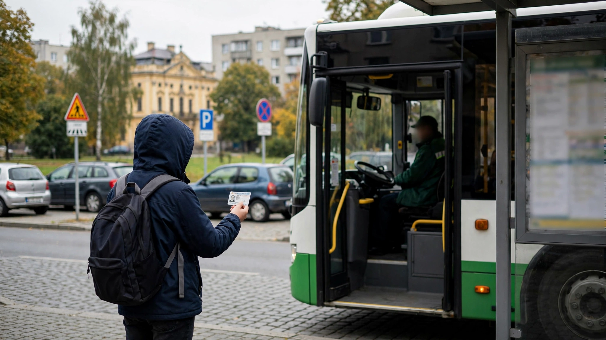 Uczeń pokazujący legitymację szkolną kierowcy autobusu Białostockiej Komunikacji Miejskiej