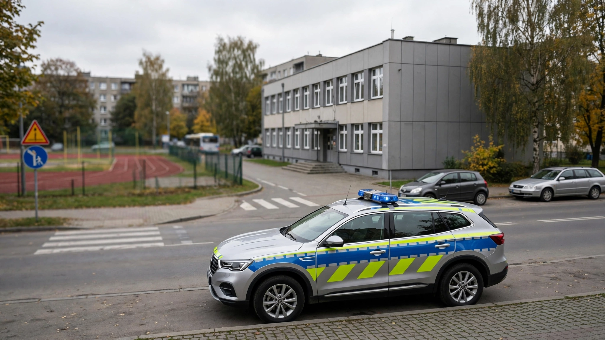 Radiowóz policji przed budynkiem szkoły