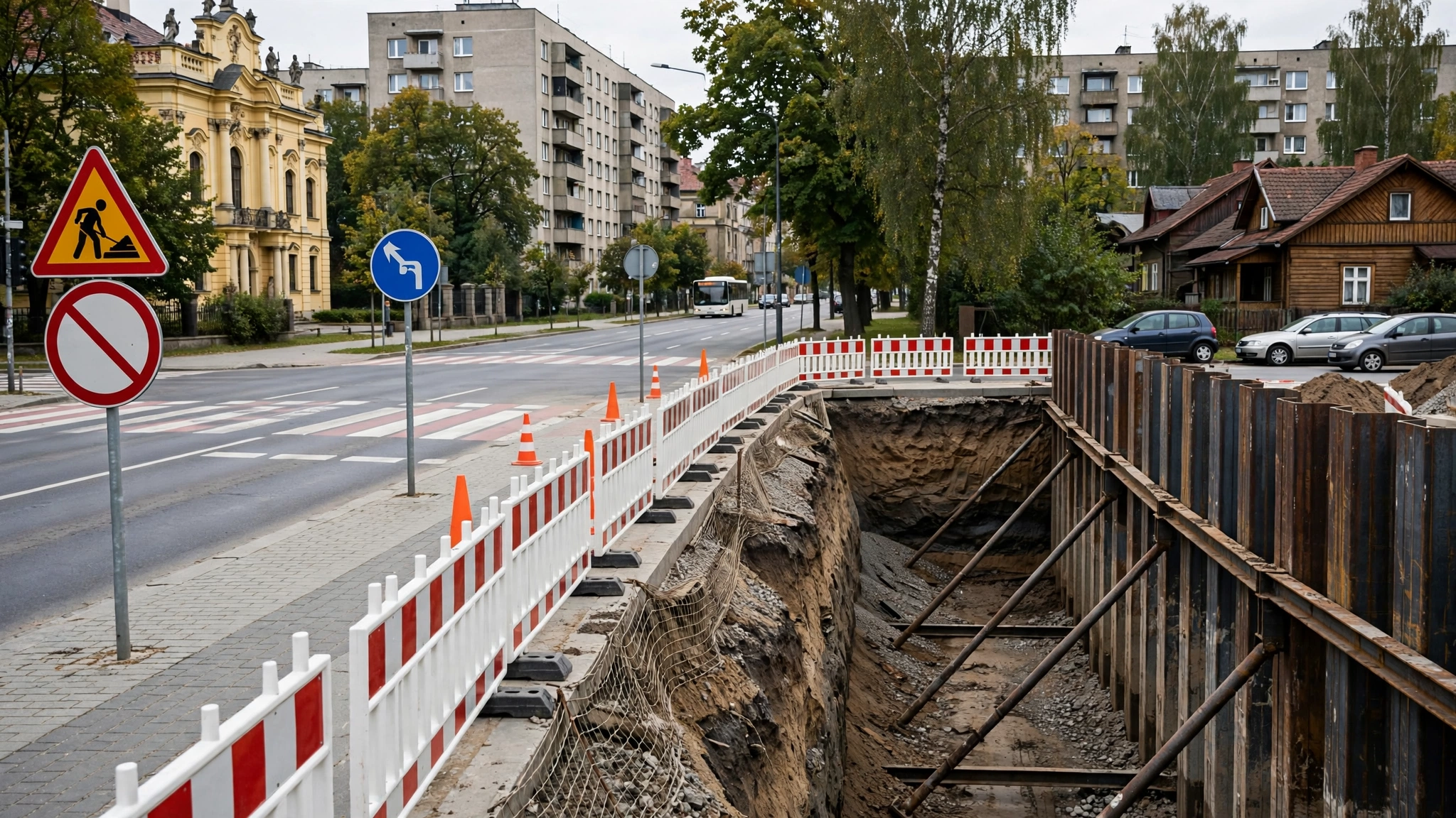 Budowa ulicy z głębokim wykopem i ściankę berlińską w Białymstoku