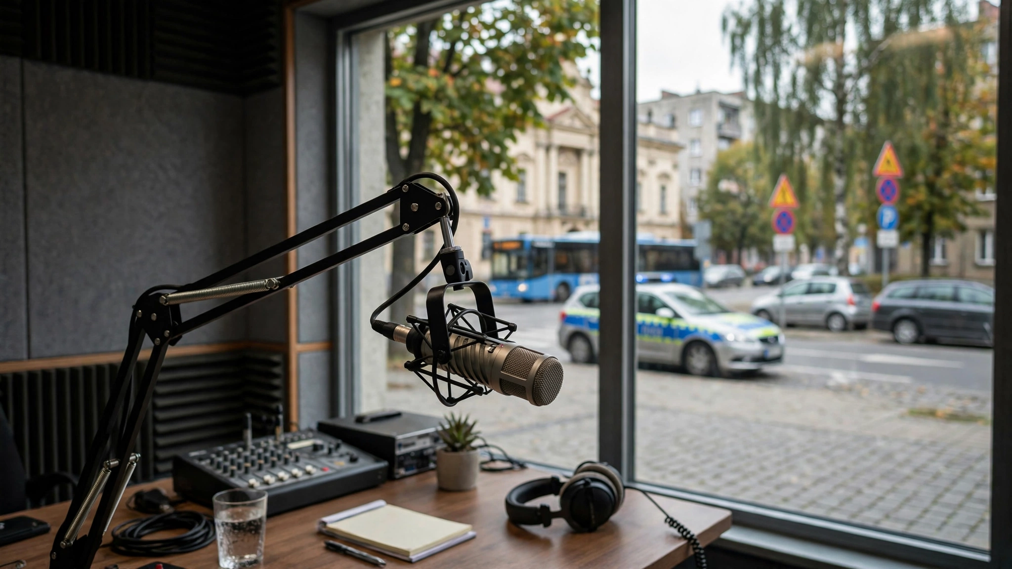 Wnętrze studia radiowego z mikrofonem podczas Dnia Otwartego w Polskim Radiu Białystok