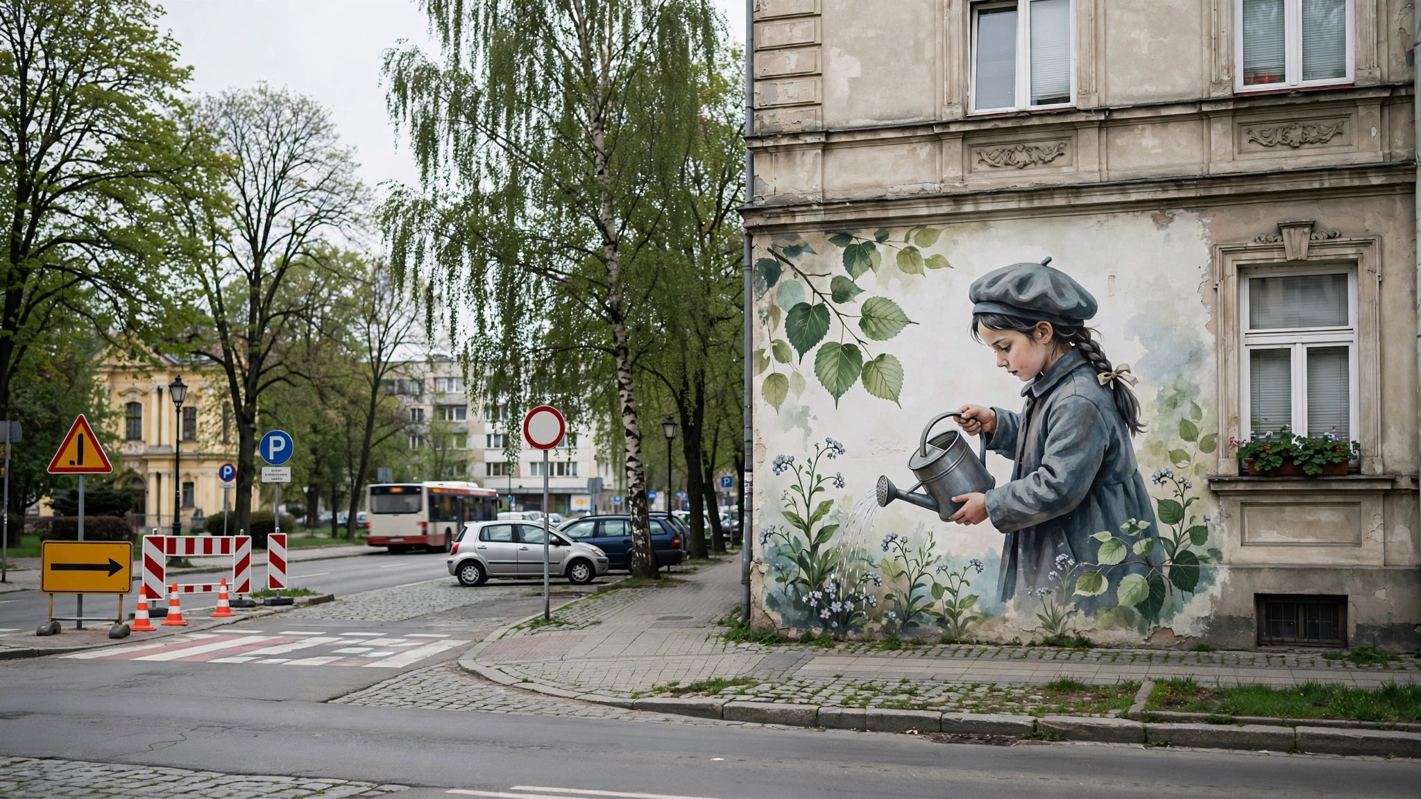 Mural „Dziewczynka z konewką” na ścianie kamienicy przy alei Piłsudskiego w Białymstoku
