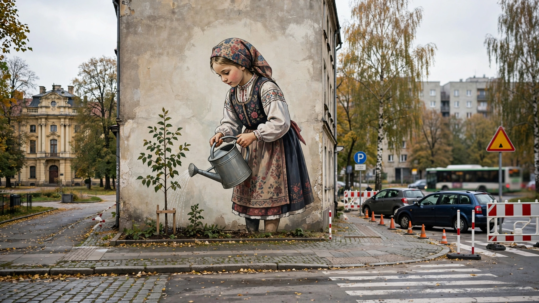 Mural „Dziewczynka z konewką” na ścianie kamienicy przy alei Piłsudskiego w Białymstoku, dziewczynka w stroju ludowym podlewająca drzewko