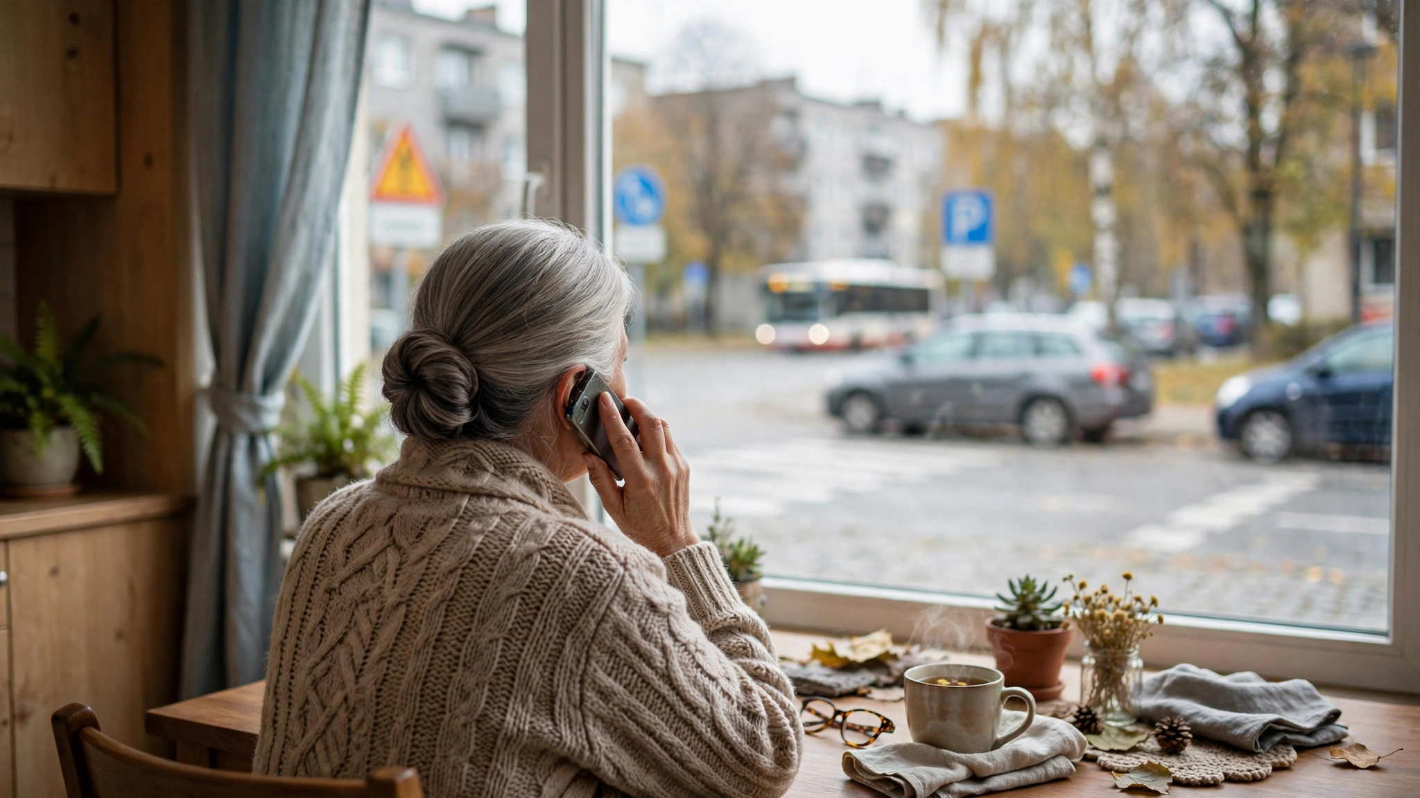 Starsza kobieta rozmawia przez telefon w domu