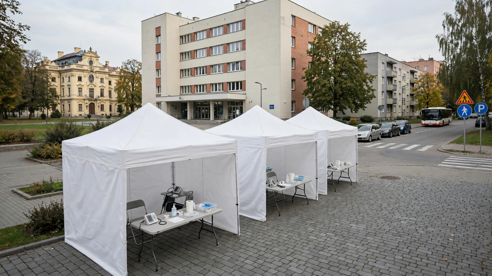 Namioty miasteczka zdrowia z bezpłatnymi badaniami przed Uniwersyteckim Szpitalem Klinicznym w Białymstoku