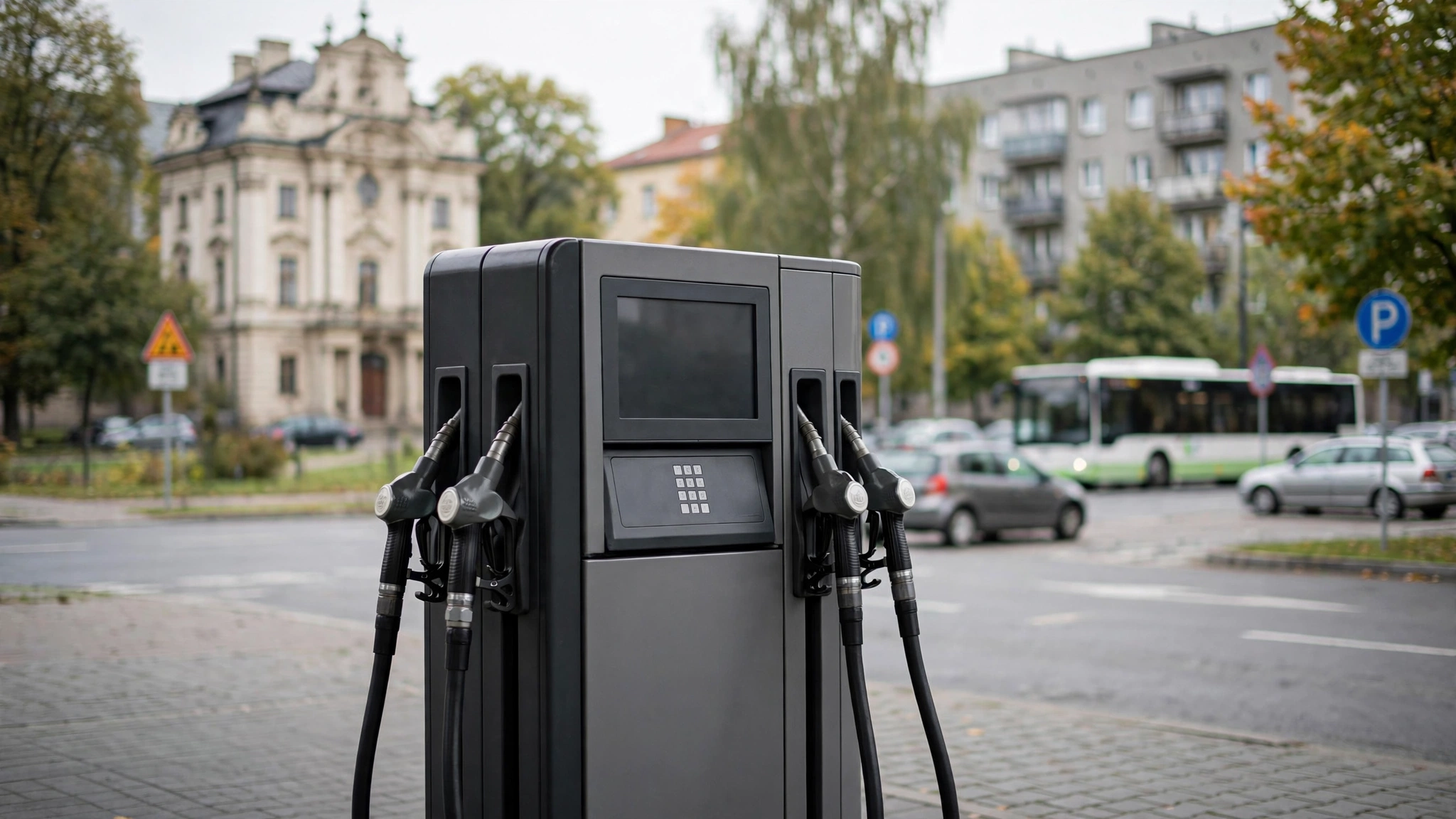 Dystrybutor paliwa na stacji benzynowej z cenami benzyny i oleju napędowego