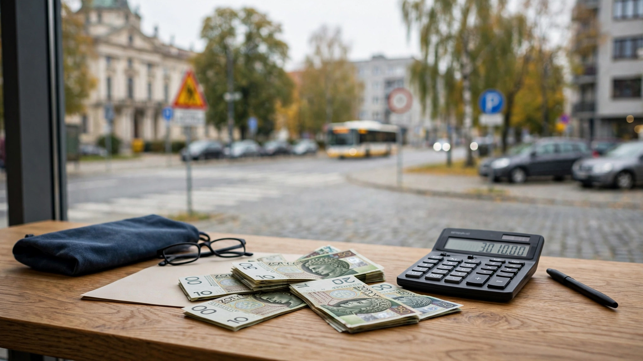 Banknoty złotówek i kalkulator na biurku, symbolizujące wynagrodzenie minimalne