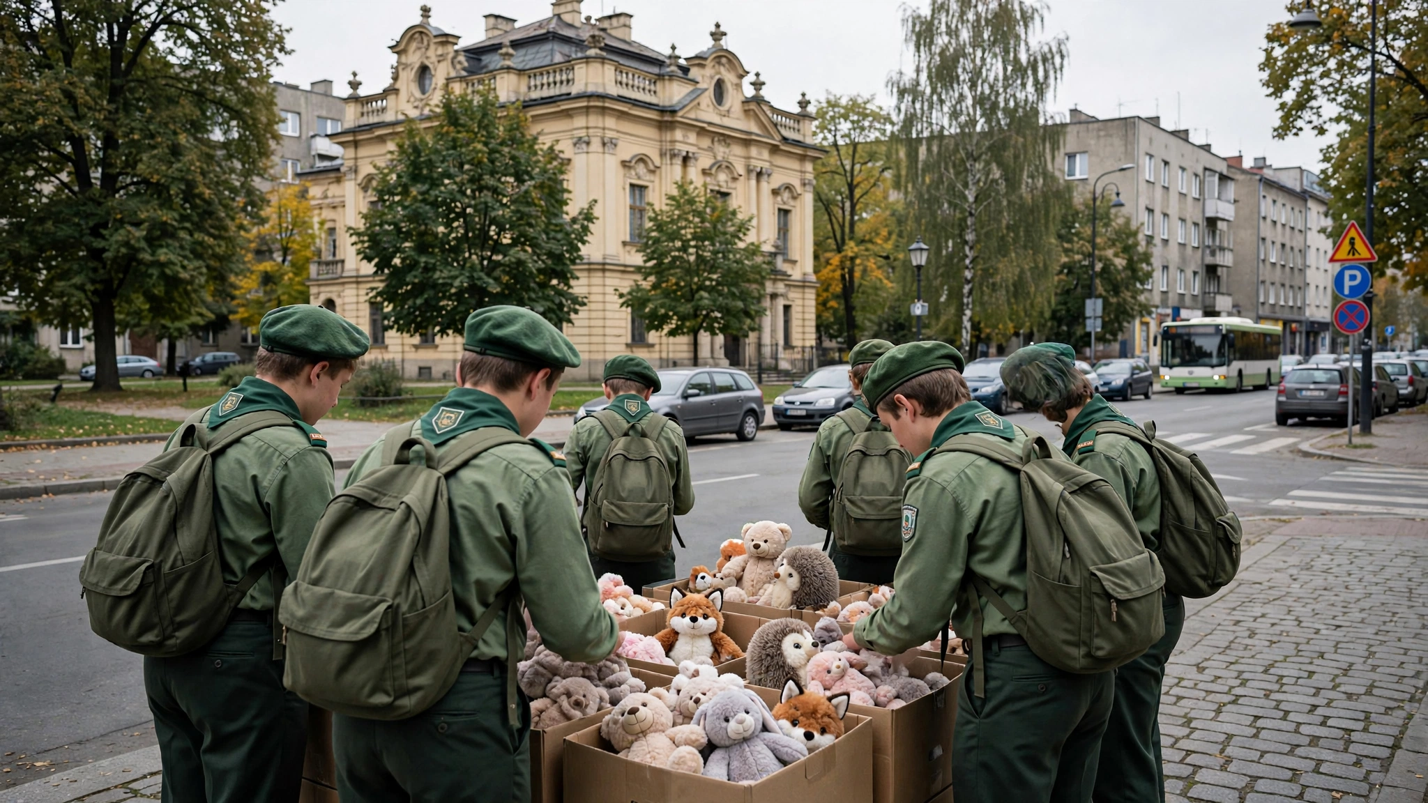 Harcerze z pluszakami zebranymi w ramach akcji „Od harcerza i zuszka – pluszak dla maluszka” w Białymstoku