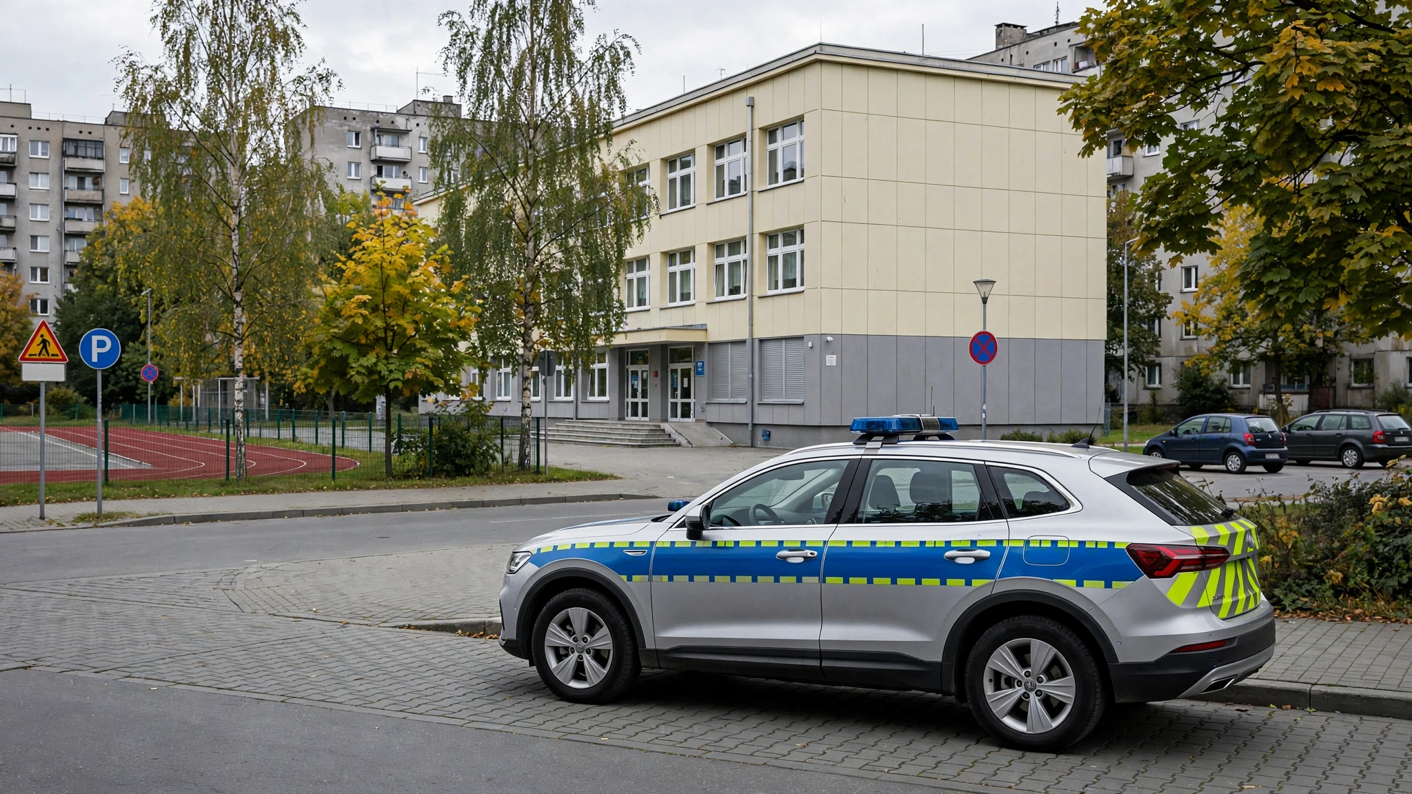 Policyjny radiowóz zaparkowany przed budynkiem szkoły