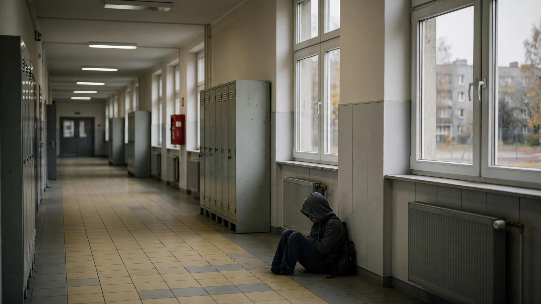 Smutne dziecko siedzące samotnie na szkolnym korytarzu
