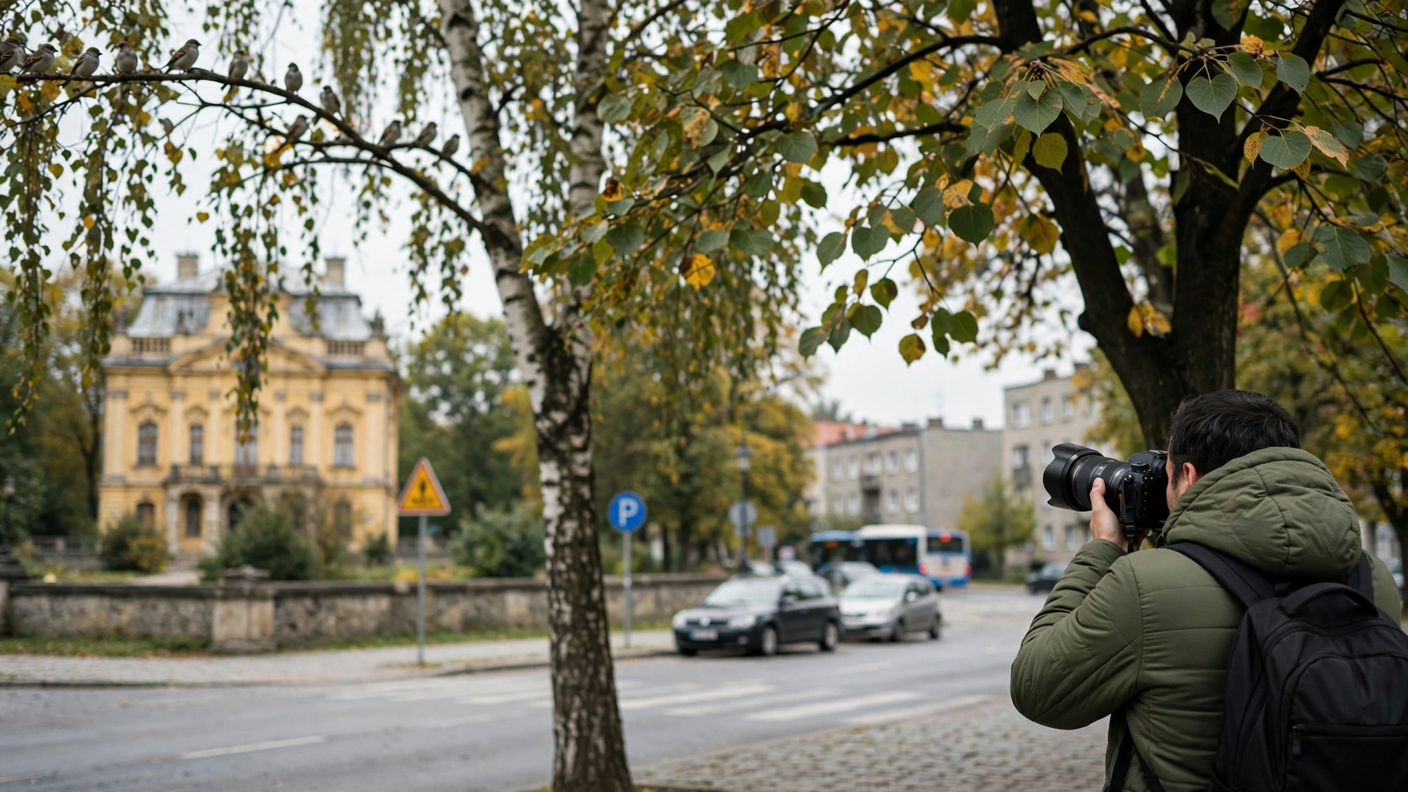 Fotograf przyrodniczy z aparatem obserwujący ptaki w terenie