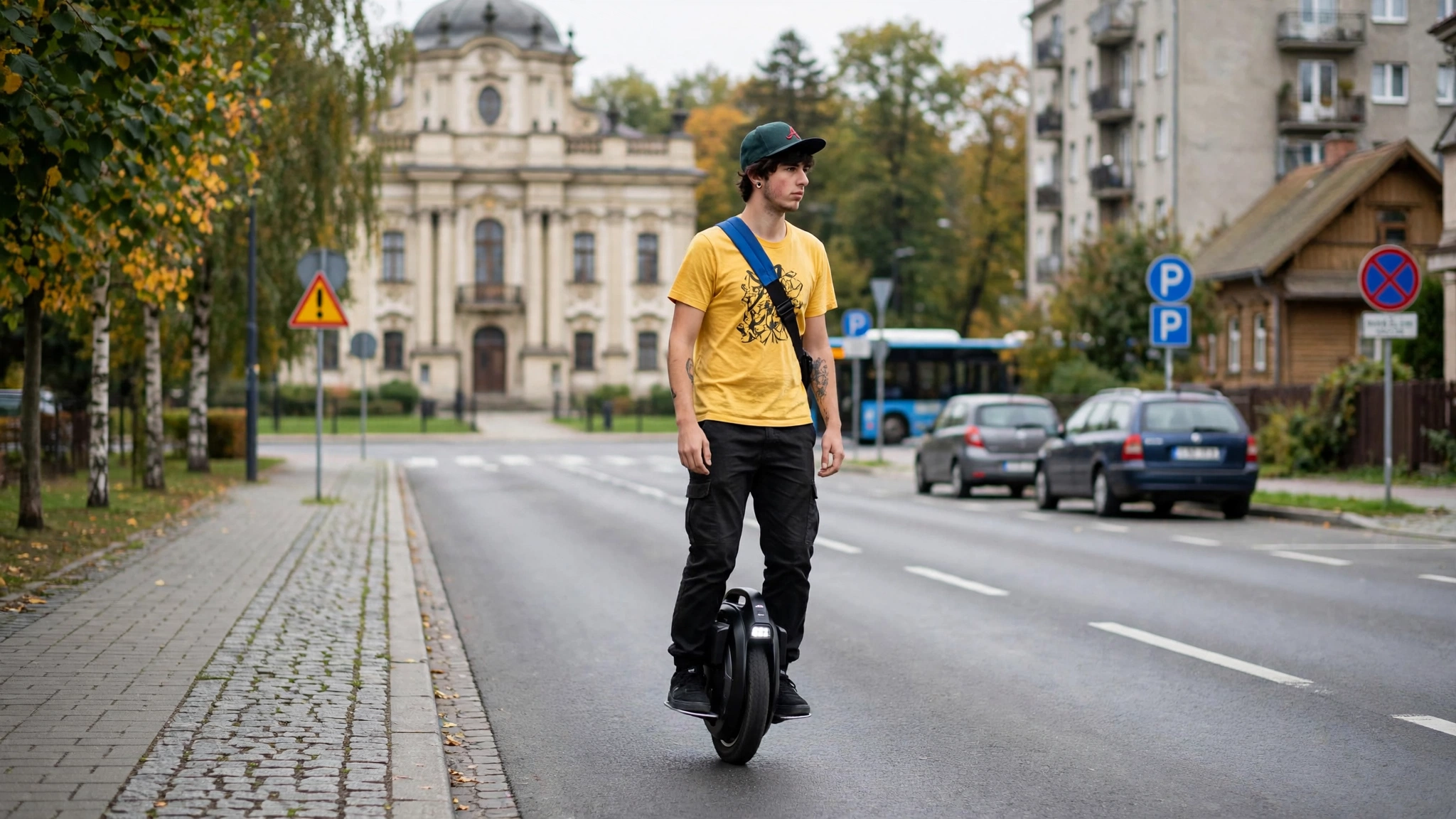 Brytyjski streamer Sam Pepper na elektrycznym monocyklu na podlaskiej drodze