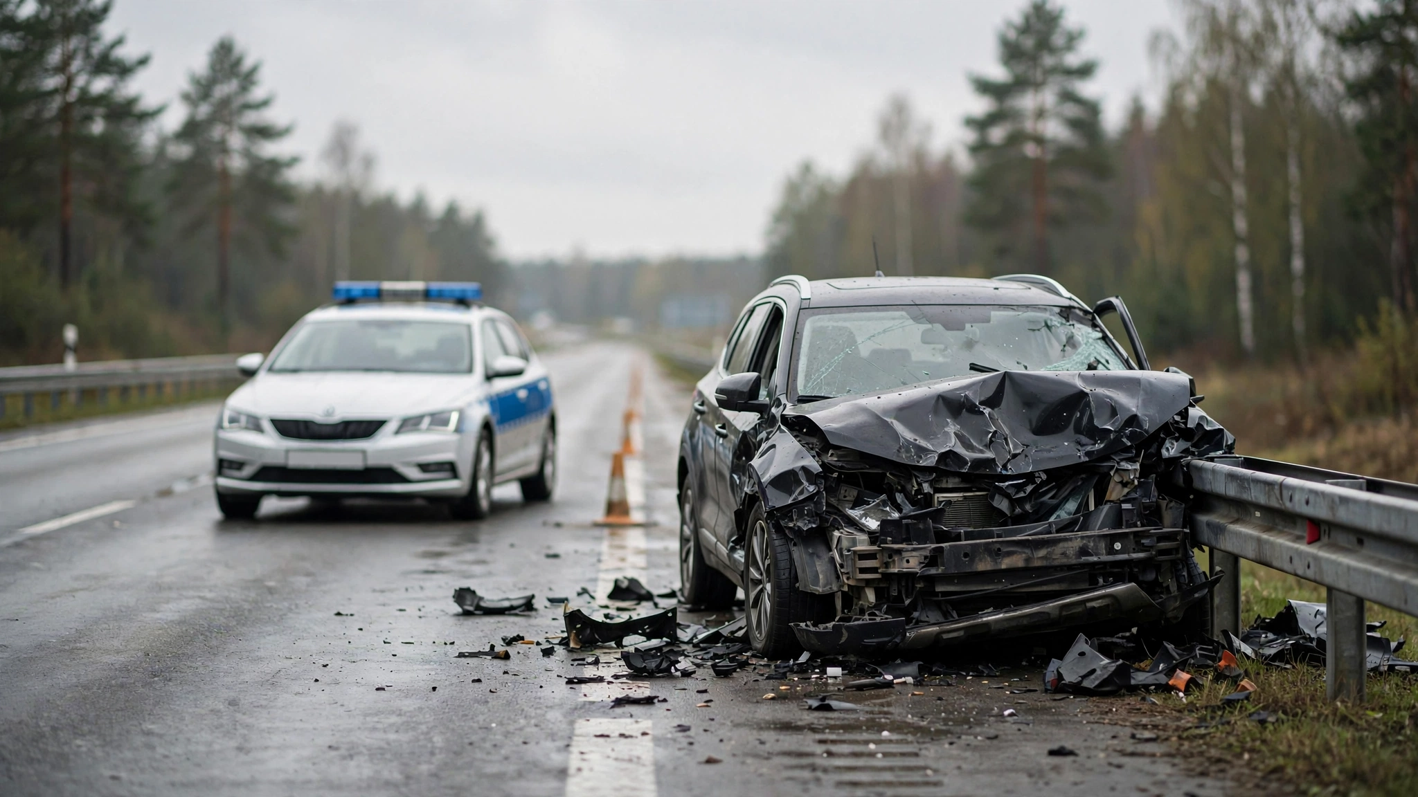 Rozbity samochód i radiowóz policji na drodze ekspresowej S8 po śmiertelnym wypadku pod Prosienicą