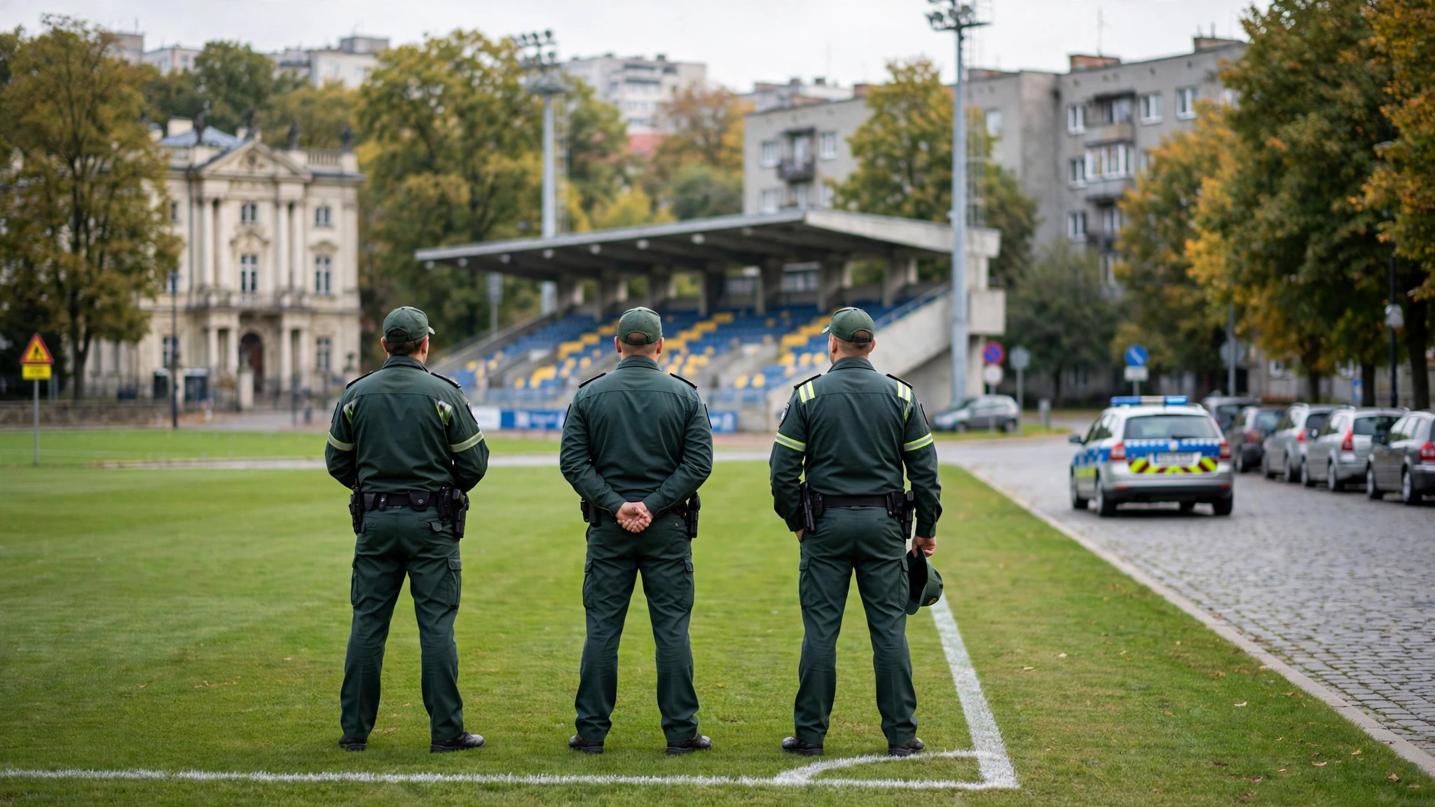 Funkcjonariusze Podlaskiego Oddziału Straży Granicznej na murawie stadionu Jagiellonii Białystok