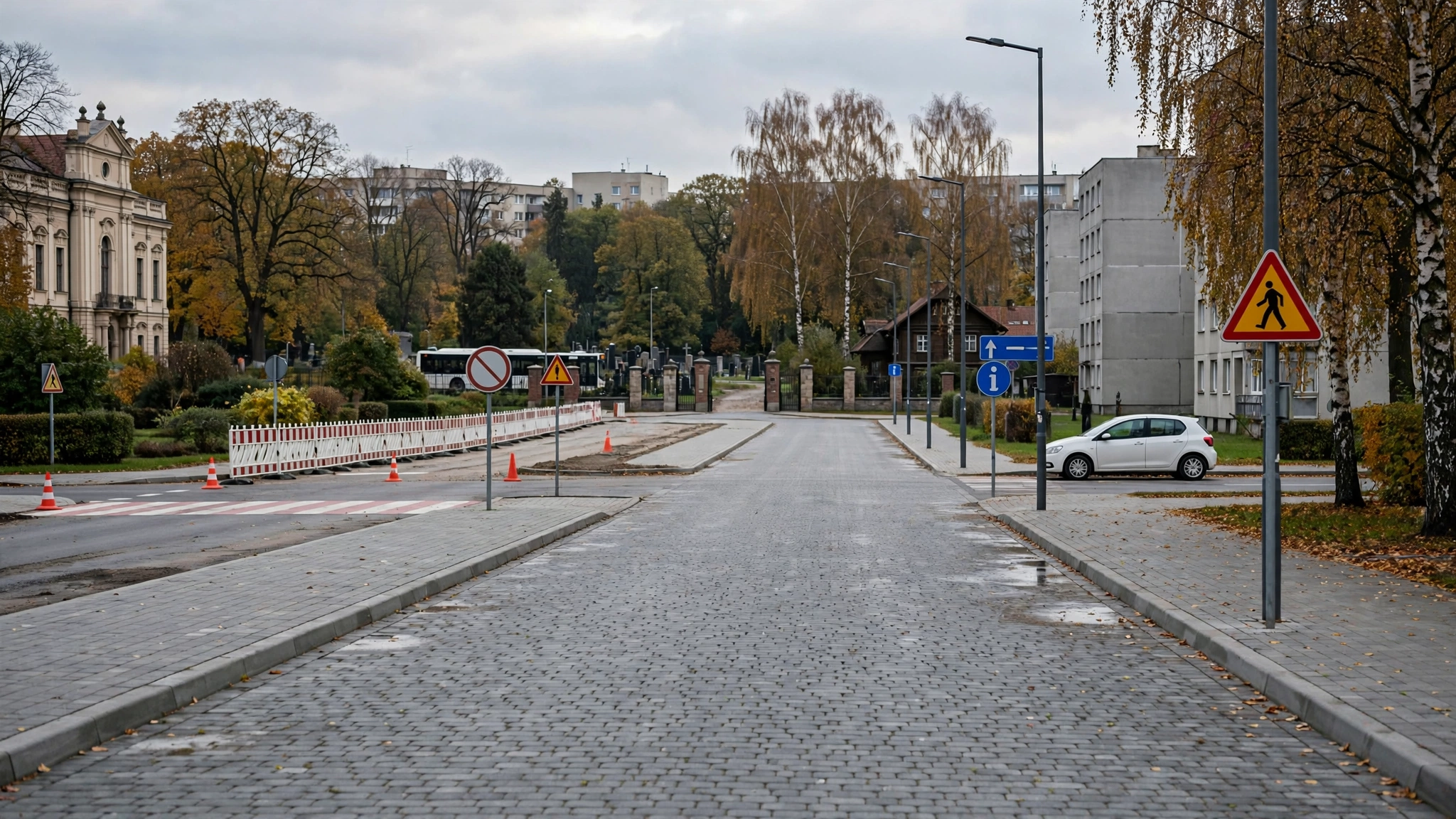 Nowa droga z kostki betonowej i oświetleniem uliczym prowadząca do cmentarza w Starosielcach w Białymstoku