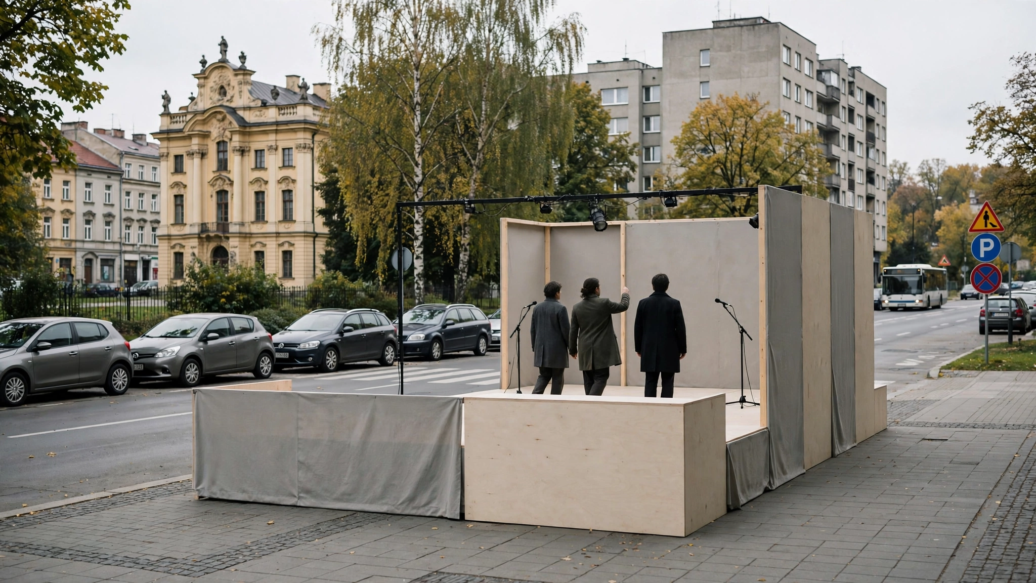 Scena z dokumentalnego spektaklu teatralnego o dezinformacji, minimalistyczna scenografia i aktorzy