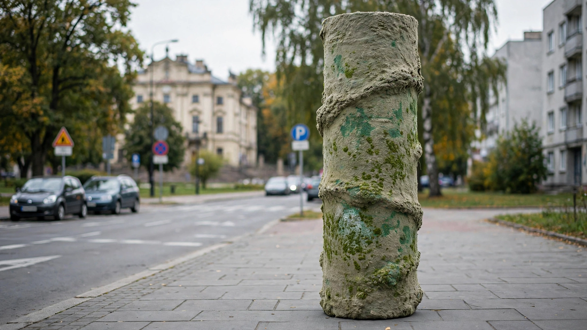 Trzymetrowy prototypowy słup z żywego materiału budowlanego z widocznymi, zielonymi plamami sinic